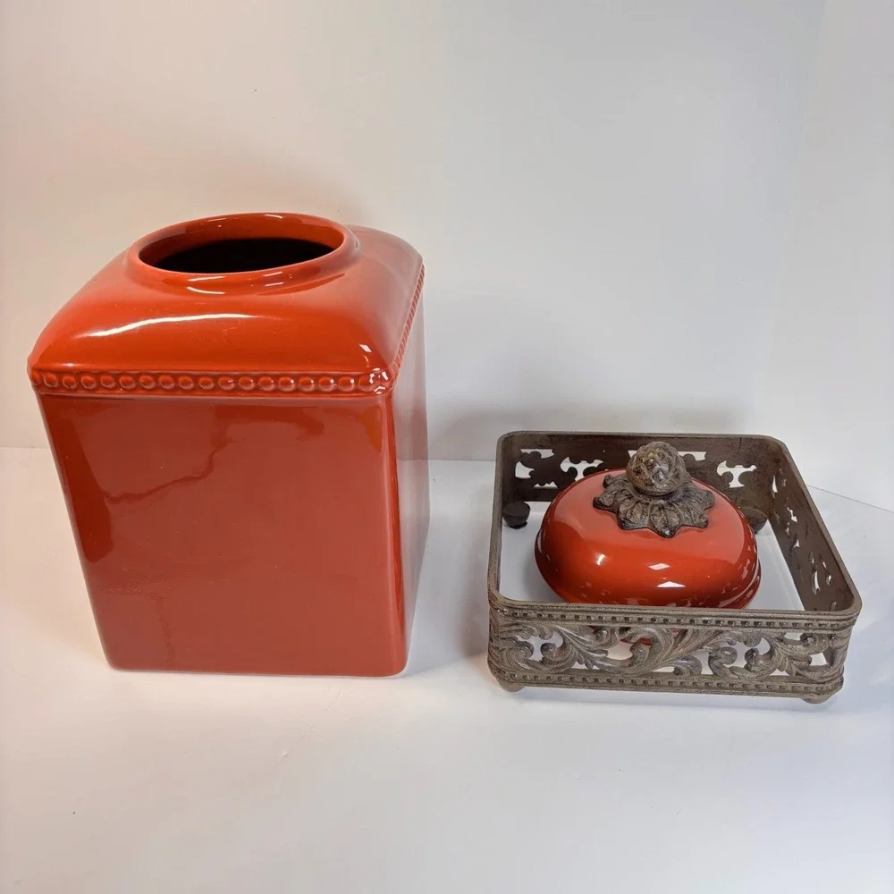 3 Piece Canister GG Collection Tuscan Red Scroll Metal Bases European Charm